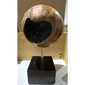 Hand-Carved Wood Sphere Sculpture on Stand – Indonesia – 19.5” x 10”